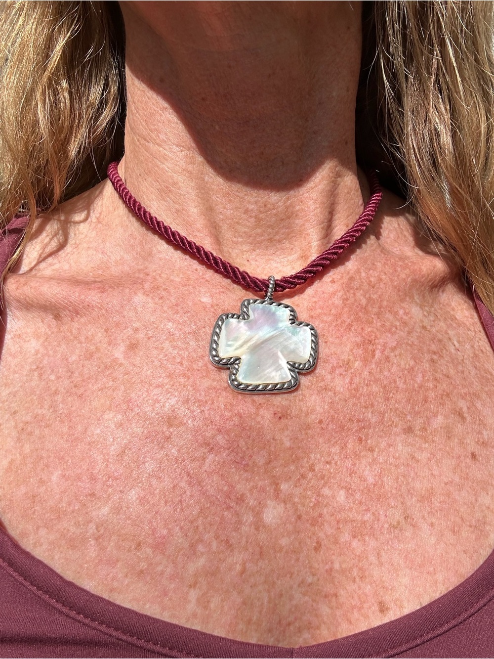 Mother of Pearl Cross Pendant sterling silver on burgundy cord w/ clip earrings
